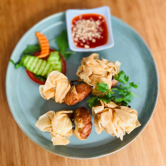 Krokant buideltje met inktvis, scampi's en gehakt 4 stuks